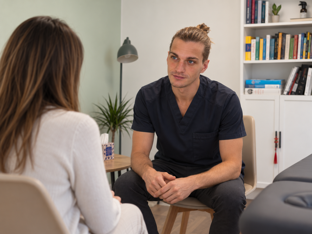 Osteopata durante un colloquio con una paziente nello studio di Trezzano sul Naviglio
