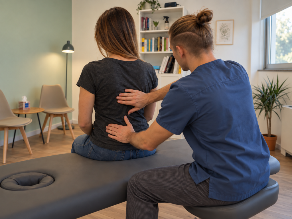 Osteopata esegue una valutazione della schiena su una paziente seduta sul lettino, all’interno dello studio.
